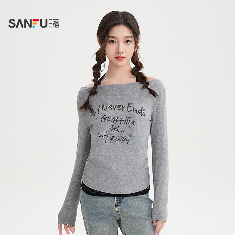 三福长袖T恤2025新款秋季小众涂鸦英文挂脖一字肩上衣女装507710