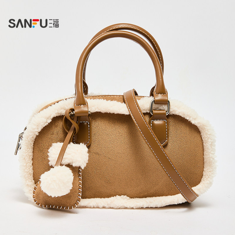三福手提包冬季韩系绒绒波士顿包小靴挂件时尚休闲女包512754,淘宝优惠券,粉丝福利购,淘宝优惠卷