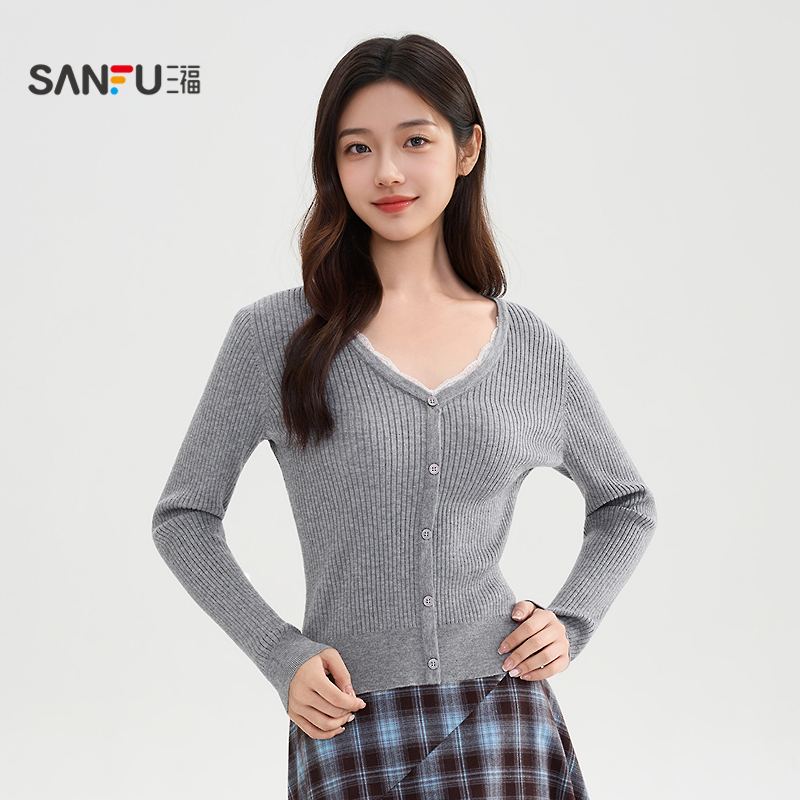 三福毛衣女2025新款冬季蕾丝V领毛针织衫气质内搭上衣女装509073 - 图2
