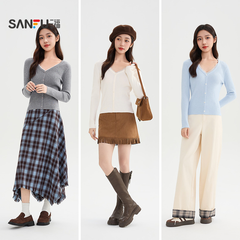 三福毛衣女2025新款冬季蕾丝V领毛针织衫气质内搭上衣女装509073 - 图3