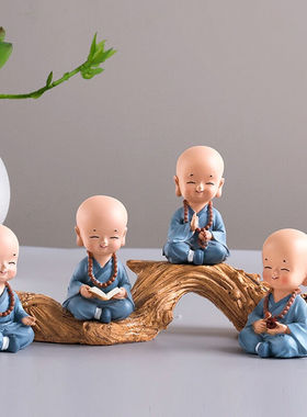 时光旧巷小沙弥小和尚禅意摆件陶瓷小和尚4个（蓝）+木架