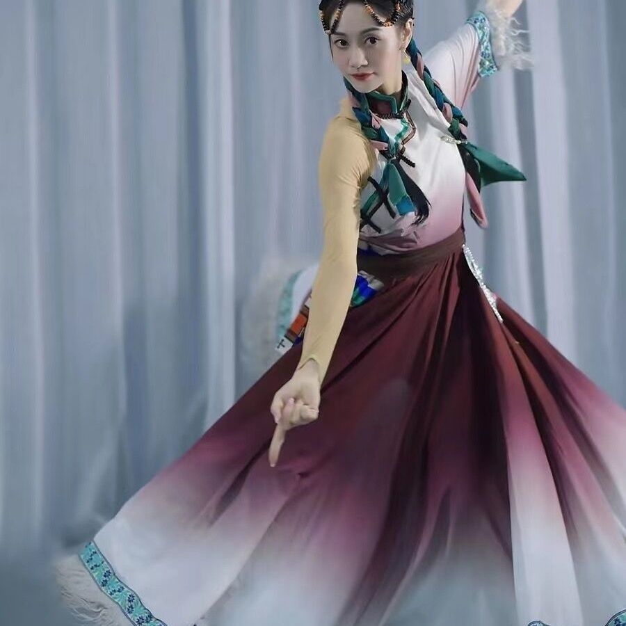 藏族舞蹈演出服装藏式少数民族女学生艺考舞蹈练习舞蹈半身长裙