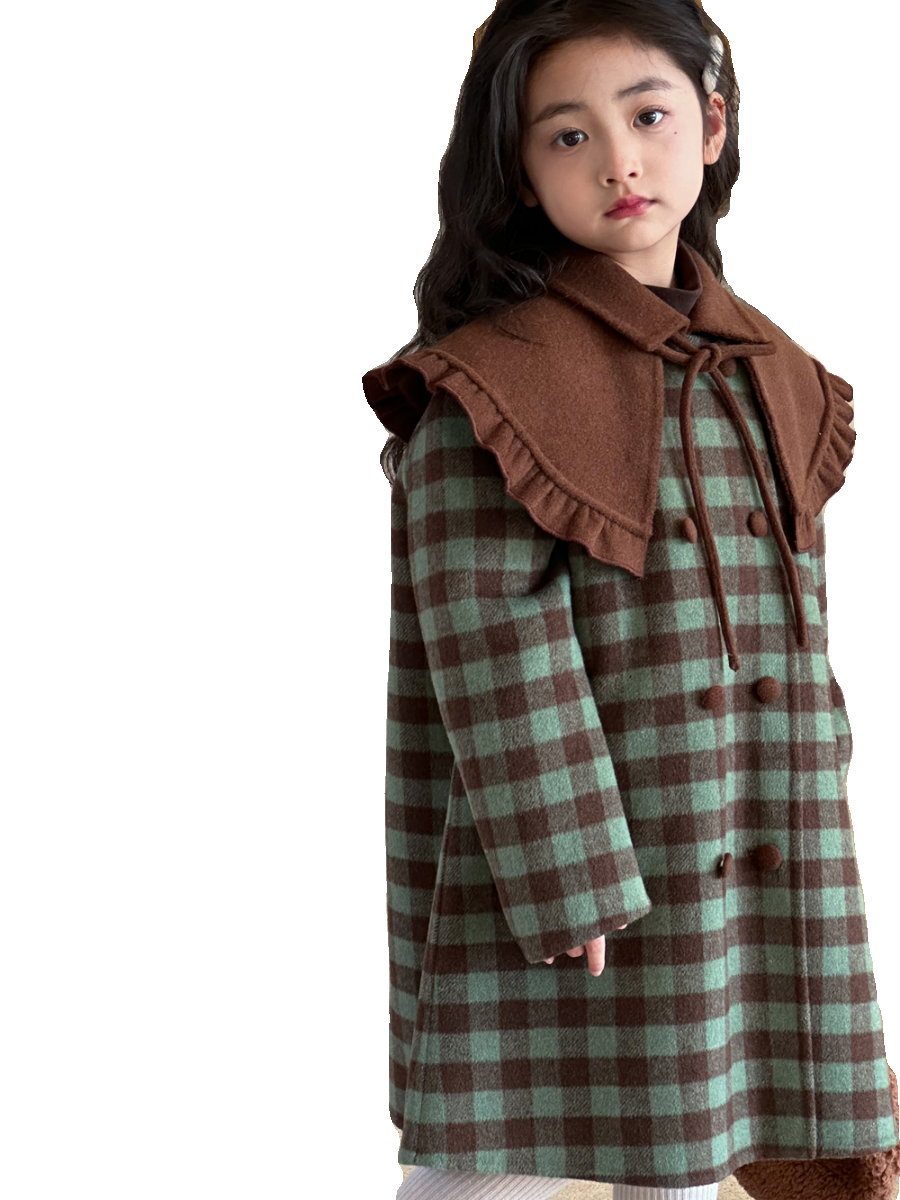 女童呢大衣2023新款韩版儿童冬季格子中长款加绒大童洋气呢子外套