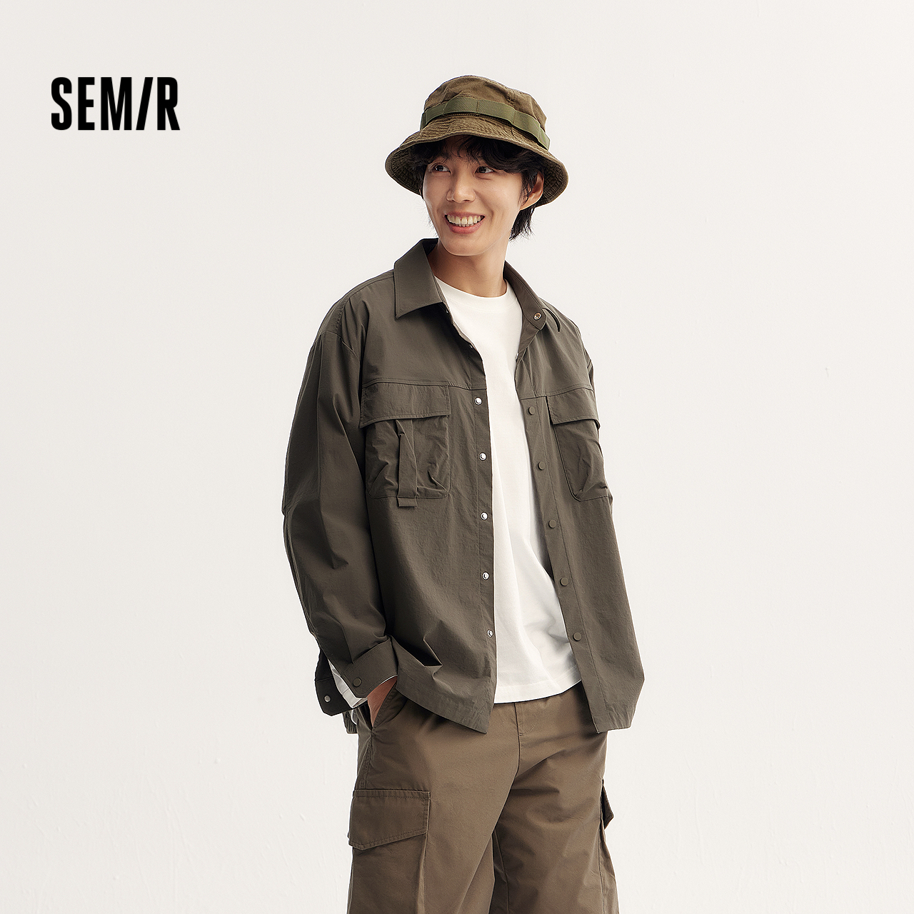 森马长袖衬衫男外穿式山系户外工装外套宽松纯色百搭秋装翻领上衣