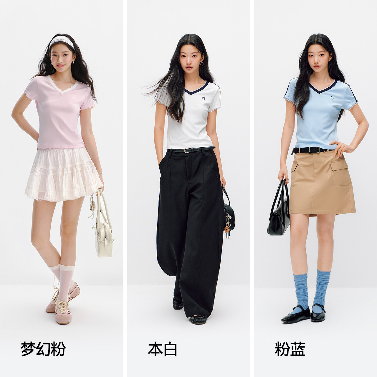 凉感T|商场同款森马短袖T恤女夏短款蕾丝V领紧身撞色2026新款上衣 新款同实拍商品图