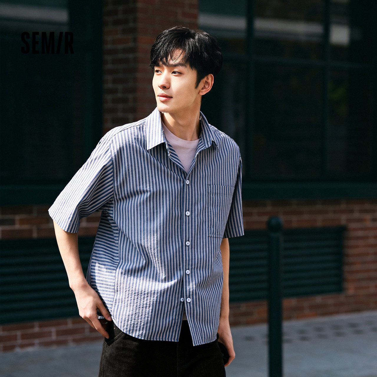 森马短袖衬衫男夏季时尚百搭条纹衬衣2026新款纯棉宽松翻领上衣