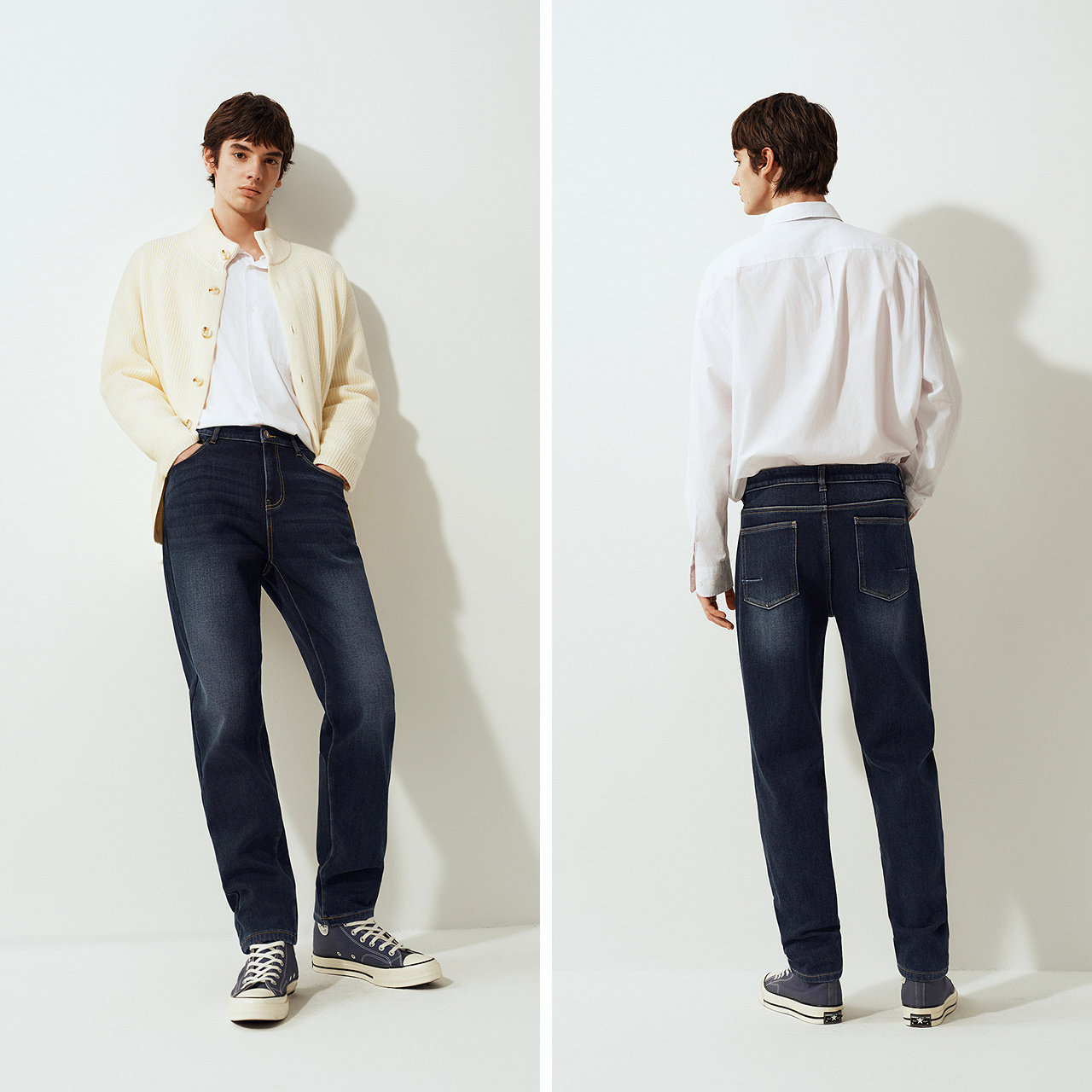 森柔|森马牛仔裤男冬季加绒弹力锥形裤2025新款猫须复古做旧长裤