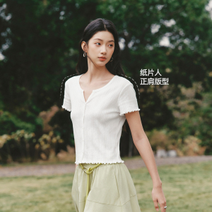 森马短袖T恤女夏季短款镂空提花肌理修身纯棉木耳边2026新款开衫