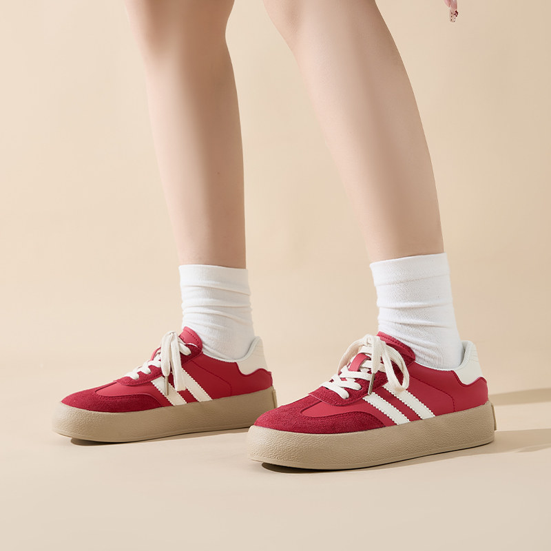 Semir女鞋红色德训鞋女款2025新款秋冬复古百搭厚底增高休闲板鞋,淘宝优惠券,粉丝福利购,淘宝优惠卷