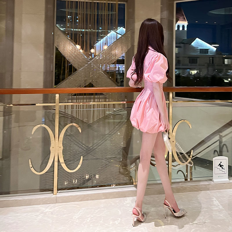 Winema晓雪 蜜桃 灯笼 连衣裙衬衫翻领收腰显瘦气质粉色裙子女夏,淘宝优惠券,粉丝福利购,淘宝优惠卷