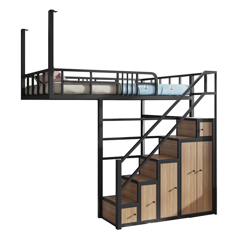 loft多功能铁艺吊床省空间半落地公寓高架床阁楼床学生宿舍柜梯床-图3