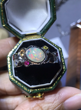 明星同款简单大气上档次炫彩欧泊戒指S925纯银镶嵌现货活口新品漏