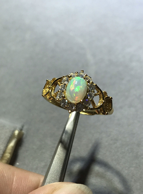 天然欧泊戒指女925银镀黄金色镶嵌轻奢日韩时尚活口设计