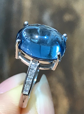 925银镀白金天然伦敦蓝蛋面托帕石戒指女简单大方高级轻奢精致