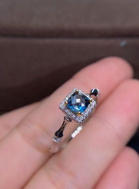 新款伦敦蓝托帕石戒指精品伦敦蓝蓝托帕石戒指格子面切工宝石戒指