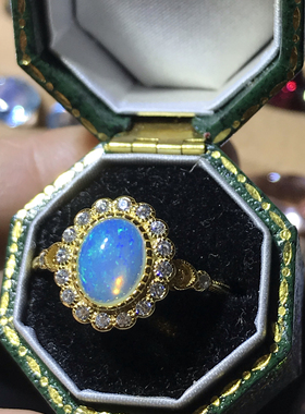 天然欧泊戒指女925银镀18k金镶嵌轻奢日韩活口可调节包镶款