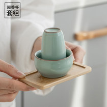 Smelling Cup Sky Green Ru Kiln Qigong Fu Tea With Cup Cup Cushion Suit Ceramic Tea Artier Exam Tea Cup