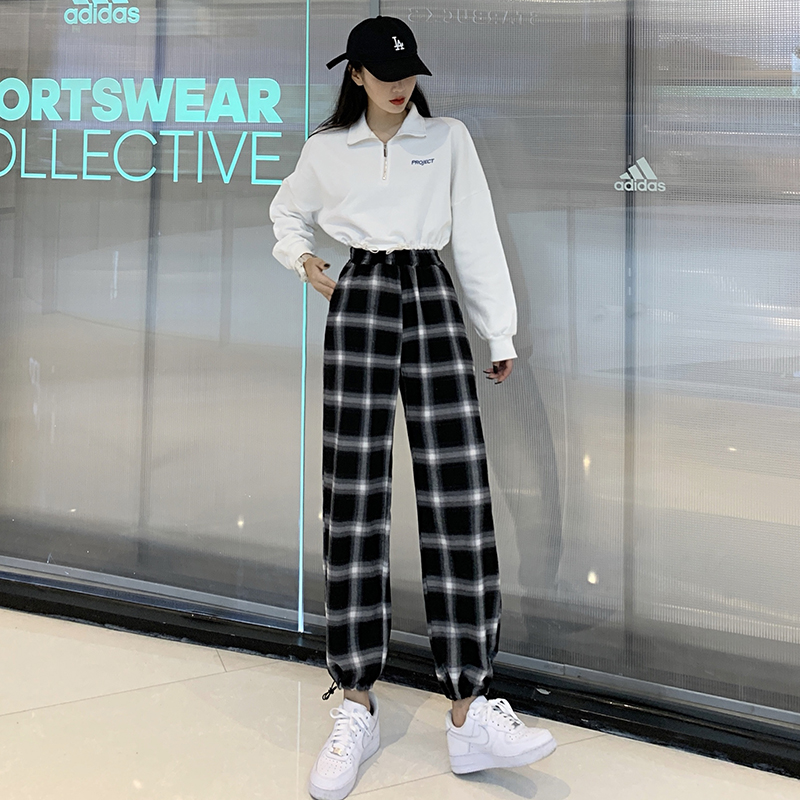 黑白格子裤宽松束脚秋冬季运动裤 优乐叮休闲裤