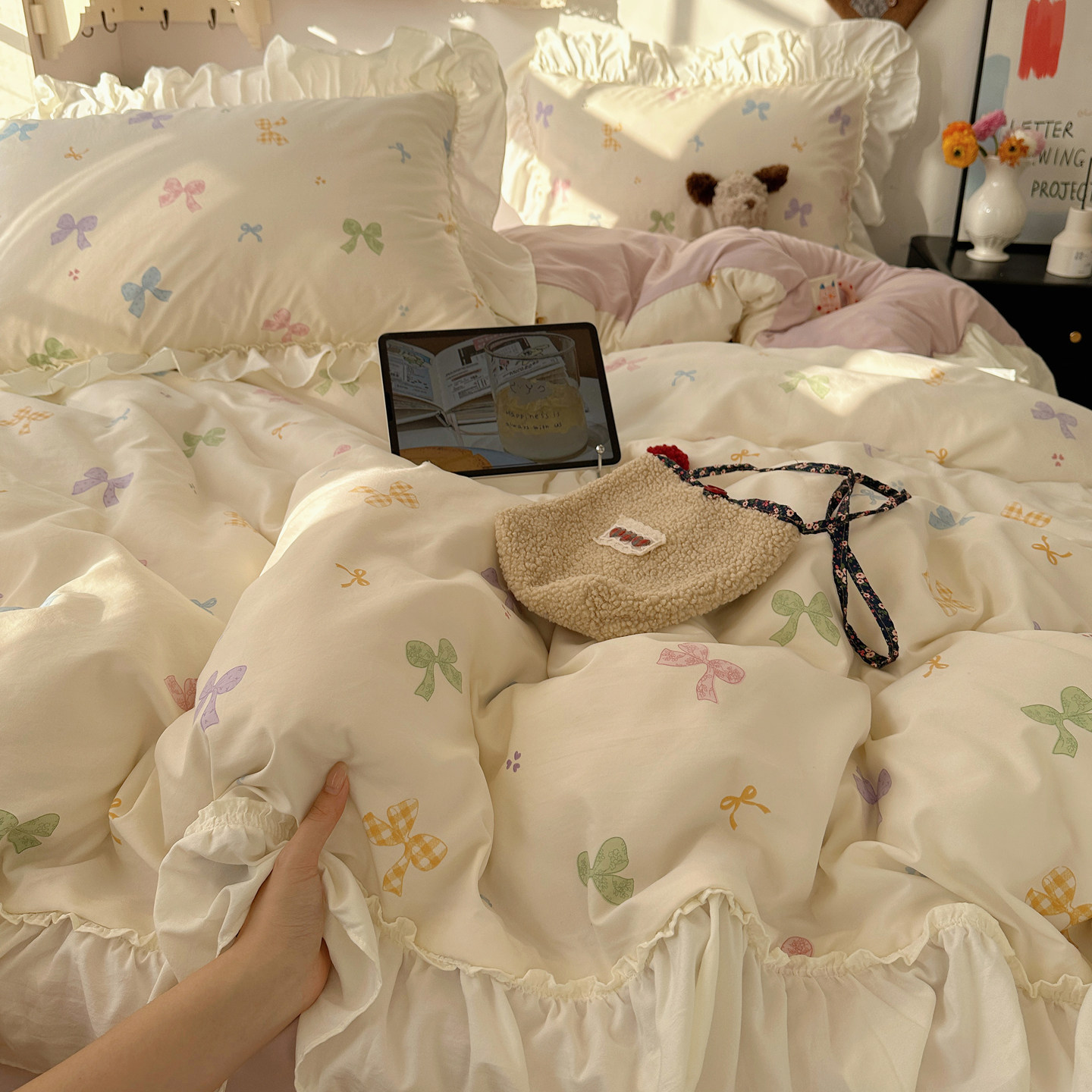 韩系小清新纯棉四件套蝴蝶结花边全棉ins被套床单床笠宿舍三件套4