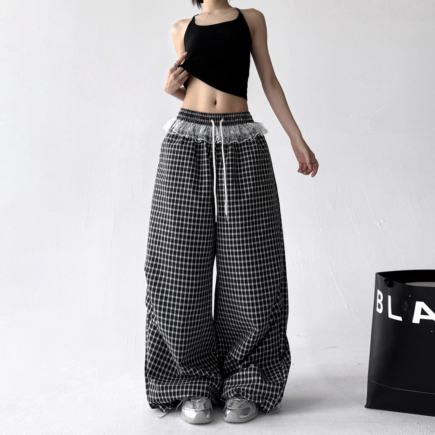2025夏季新款女装格子裤女高腰显瘦宽松休闲裤百搭阔腿裤长裤子,淘宝优惠券,粉丝福利购,淘宝优惠卷