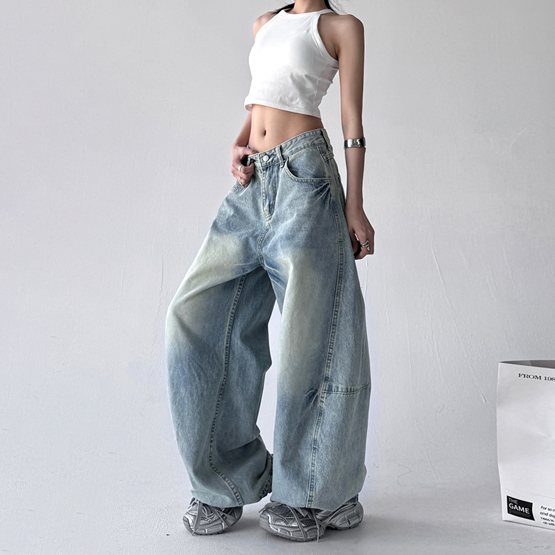 美式复古嘻哈街头水洗浅蓝弯刀牛仔裤女2025春秋季新款宽松阔腿裤 - 图0