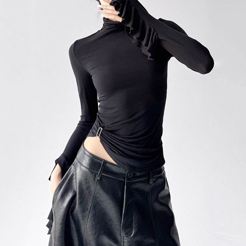 辣妹堆堆高领修身褶皱打底衫女2025冬季新款内搭喇叭长袖t恤上衣,淘宝优惠券,粉丝福利购,淘宝优惠卷