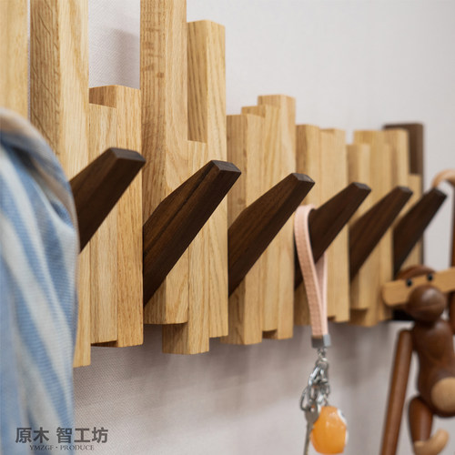 原木智工坊钢琴键黑胡桃衣挂钩白橡木衣帽木条墙壁创意隐形置物架 - 图2