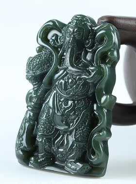 润艺新疆和田玉关公吊坠男款青玉武财神玉牌玉佩挂件项链关公+配