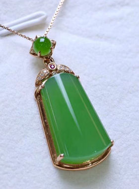 心偶玉和田玉碧玉方形吊坠18k金镶嵌项链玉石玉牌送生日礼物13/19