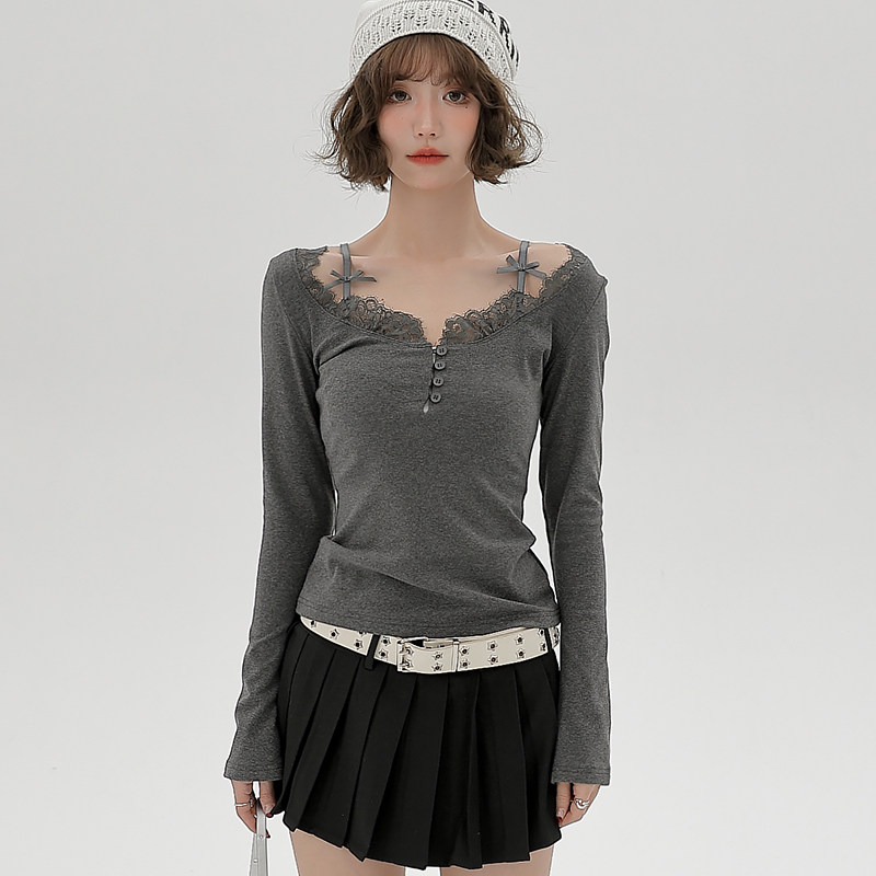 Girlyhalo辣妹长袖t恤女2024新款蕾丝吊带小众纯欲修身打底衫上衣,淘宝优惠券,粉丝福利购,淘宝优惠卷