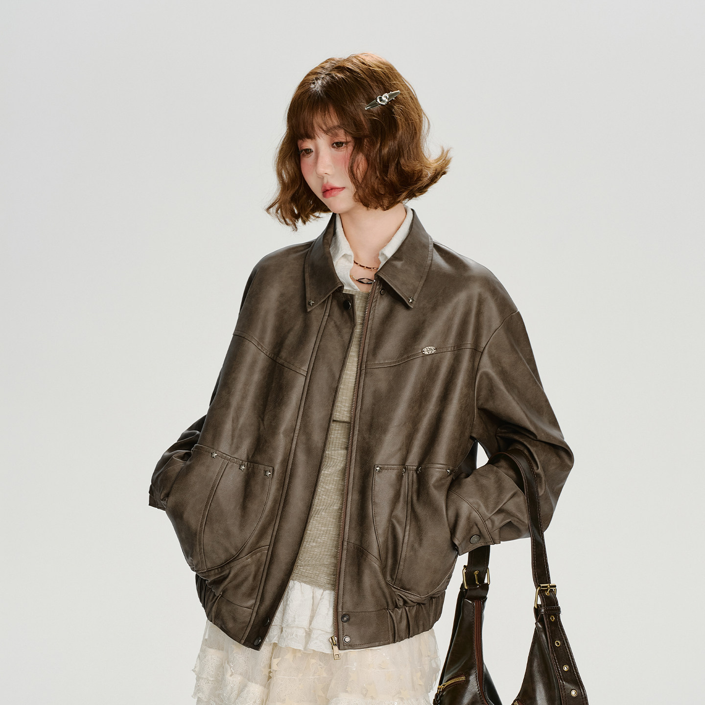 Girlyhalo美式复古翻领皮衣外套女秋季新款宽松休闲设计感上衣,淘宝优惠券,粉丝福利购,淘宝优惠卷