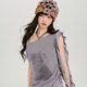 Girlyhalo American retro printed oblique shoulder ribbon short-sleeved T-shirt suit women's summer new drawstring slim top