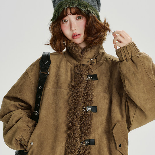 Girlyhalo美式复古麂皮绒羊羔毛拼接棉衣外套女冬季新款加厚棉服