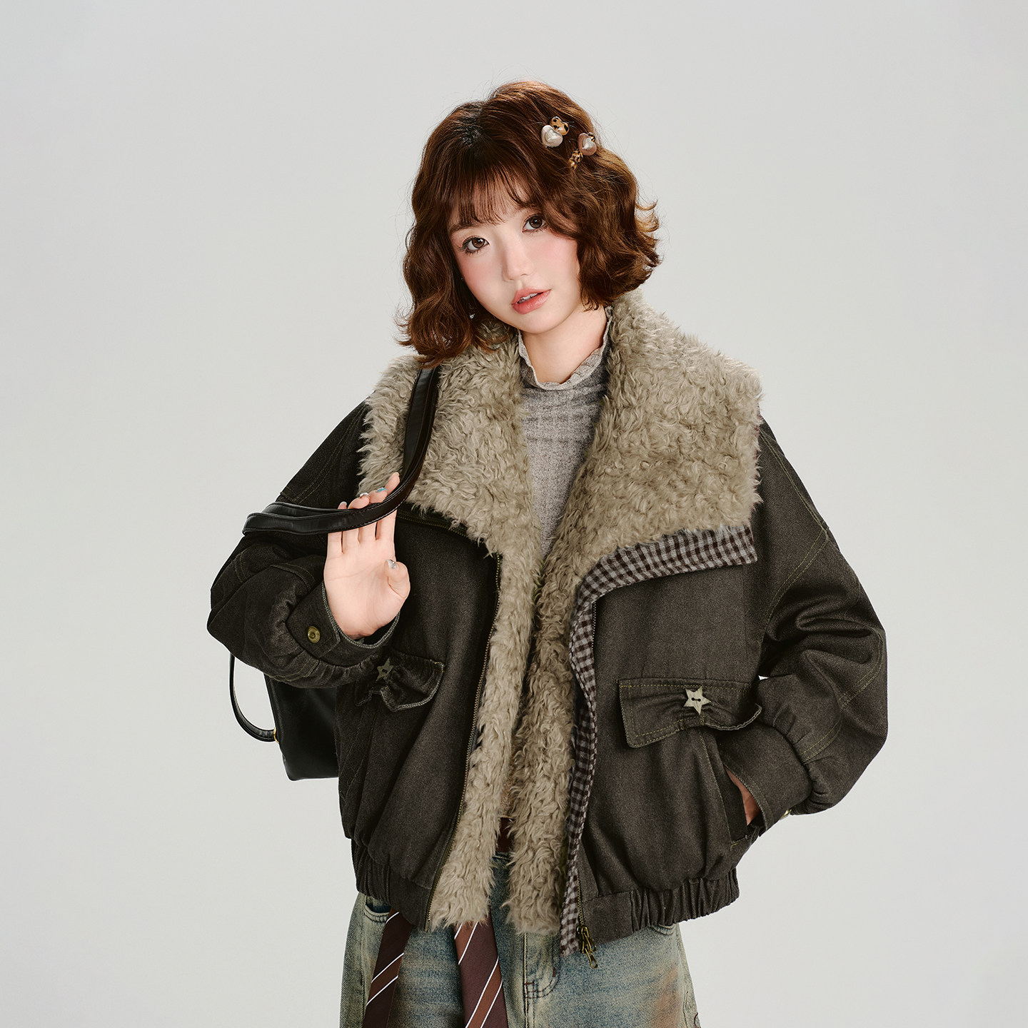 Girlyhalo美式复古翻领撞色拼接设计感夹克外套女冬新款加厚棉服,淘宝优惠券,粉丝福利购,淘宝优惠卷