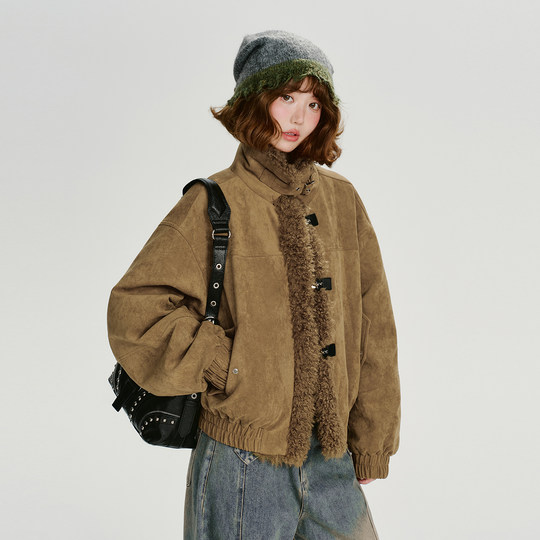 Girlyhalo美式复古麂皮绒羊羔毛拼接棉衣外套女冬季新款加厚棉服