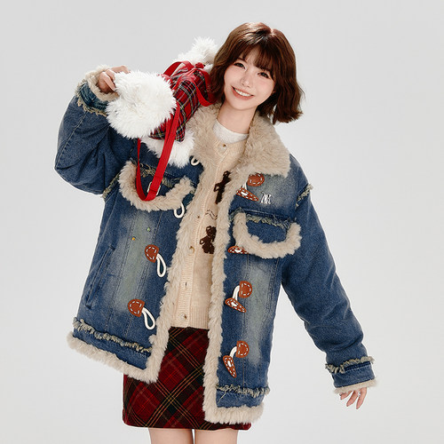 Girlyhalo美式复古毛绒拼接牛仔外套女秋冬新款宽松加厚水洗棉服 - 图1