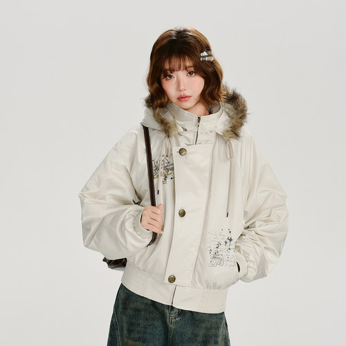 Girlyhalo美式复古印花毛领连帽白色短款棉服女冬季加厚保暖上衣 - 图3