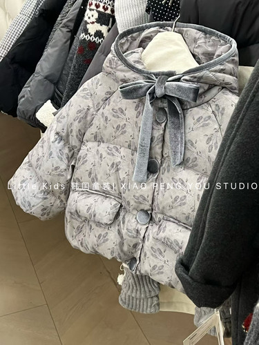 女童加厚棉服冬装2025女孩水墨印花面包服保暖棉衣羽绒棉碎花棉袄 - 图0