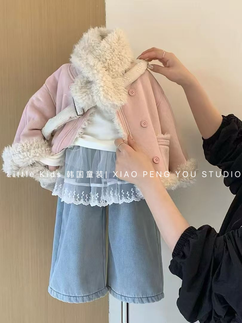 女童皮毛一体外套秋冬装2025女宝羊羔毛带围巾加绒加厚麓皮绒大衣,淘宝优惠券,粉丝福利购,淘宝优惠卷