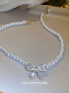 法式复古珍珠镶钻蝴蝶结项链小香风超仙气质颈链锁骨链设计感项饰