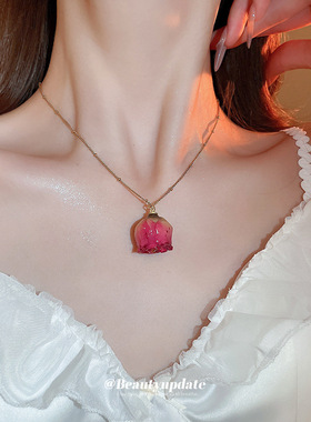 钛钢不锈钢干枯玫瑰真花耳钉项链
