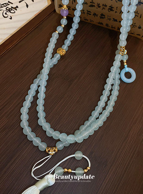 古风禅意青蓝琉璃流苏项链新中式