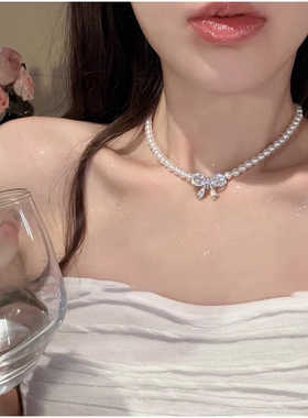 法式轻奢镶钻蝴蝶结珍珠项链小众