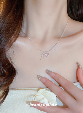 少女心淡粉锆石爱心项链精致甜美