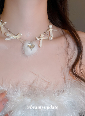 缎带蝴蝶结毛球珍珠项链优雅甜美