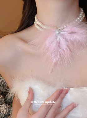 双层珍珠串珠羽毛流苏项链秋冬优