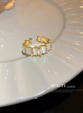 真金电镀韩国锆石猫眼石几何开口戒指ins设计感轻奢时尚指环手饰