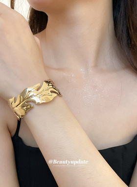 欧美金属树叶纹路开口手镯个性夸