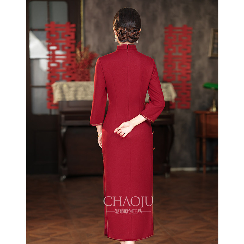 喜婆婆婚宴装2024年新款礼服红色旗袍妈妈高端秋冬款长袖加厚毛呢