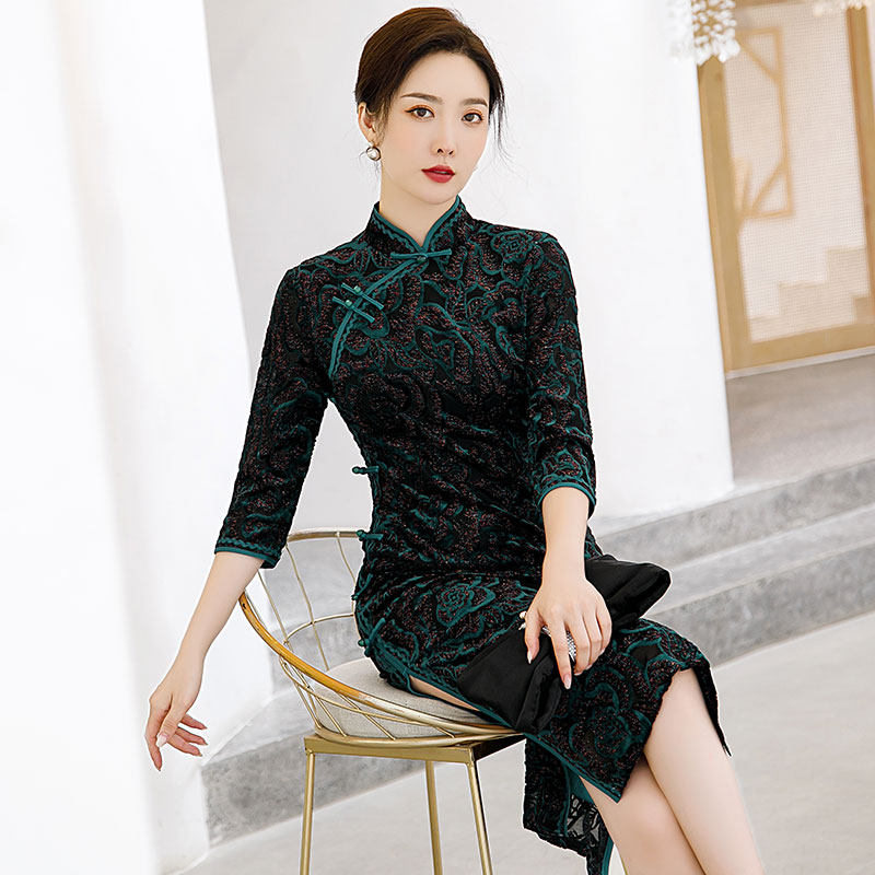 2021年新款秋冬款高端进口长袖旗袍 潮菊旗袍